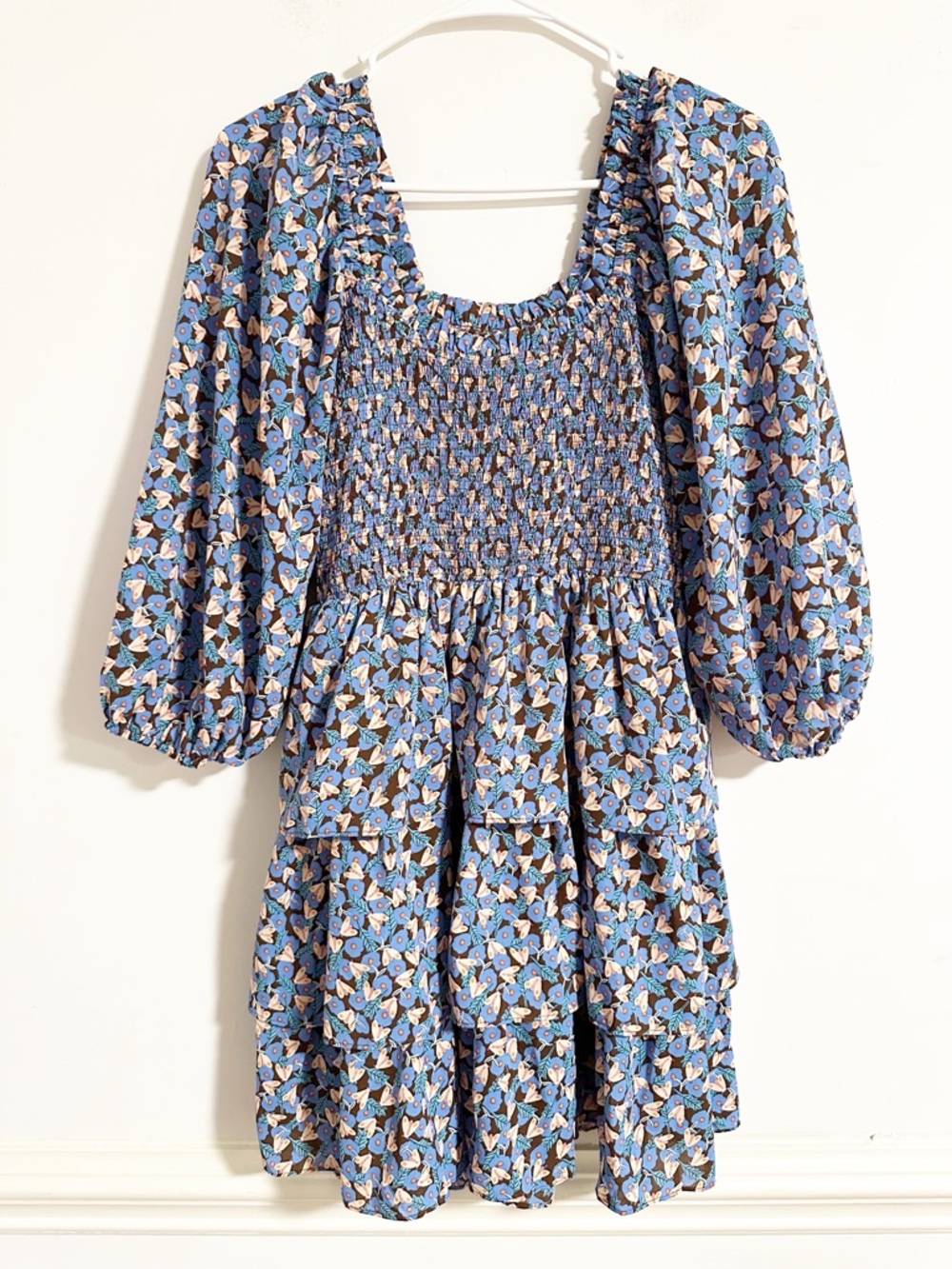 Entro Floral Smocked Tiered Ruffle Mini Dress Blue Multi Size Medium